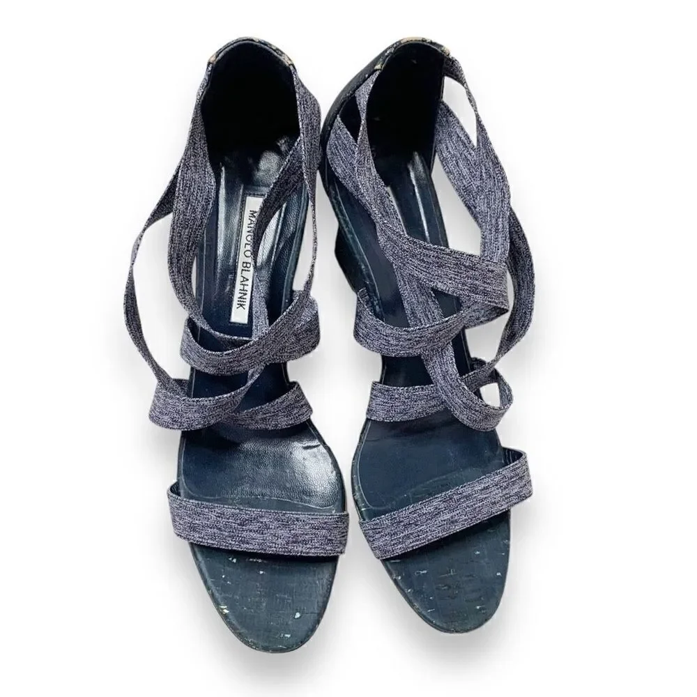 Manolo Blahnik Glassa Crisscross Wedge Sandal, Blue Denim Women’s Sz 41 -US 10.5